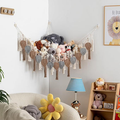 Pretty Jolly Stuffed Animal Storage with Hand Woven Leaf Tassels Hammock Corner Hanging Net Boho Macrame Plush Storage for Kid Room Nursery Decor Wall Display for Girls Gift(Gray&Coffee)