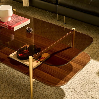 Saint Mossi Tadio Oval Glass Coffee Table, Double Layer Coffee Table for Living Room, Brown Glass & Coffee Brown MDF Bottom Shelf, H17xL47xW21