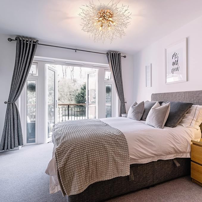 HMVPL Flush Mount Ceiling Lights, Modern Gold Crystal Sputnik Firework Close to Ceiling Lamp LED Ceiling Lighting Fixtures for Bedroom Kitchen Island Hallway Entryway Porch Gazebo