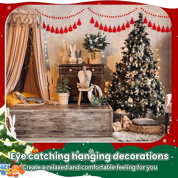 Syhood 4 Pcs Thanksgiving Christmas Pom Pom Tassel Garland Fall Felt Ball Banner Decorative Colorful Pompom Garland for Thanksgiving Autumn Xmas Theme Party Classroom Home Decor(Red Color)