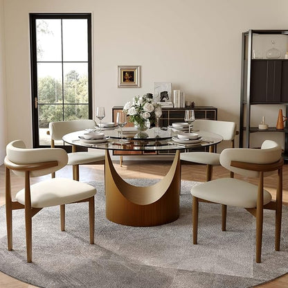 POVISON 51" Round Dining Table for 4 with 23" Lasy Susan, Glass Tabletop Dining Table with Bronze Carbon Steel Pedestal, Modern Dining Room Table for Kitchen, Living Room (Table Only)