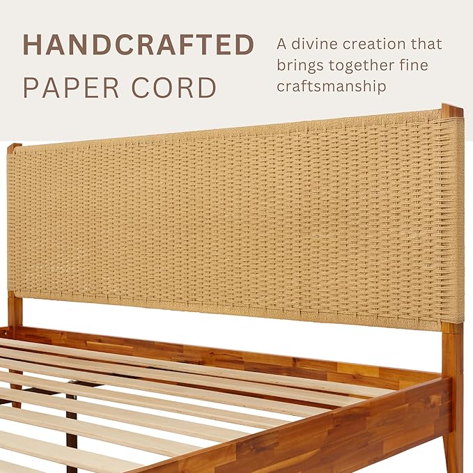 Bme Selina Headboard Queen Size Bed Frame - Handcrafted Paper Cord Headboard, 12-Slat Support, No Box Spring Needed - Easy Assembly, Caramel