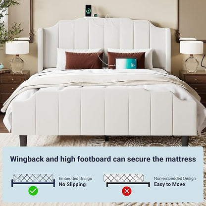 Allewie Vintage Full Size Velvet Platform Bed Frame with Curved Vertical Tufted Wingback Headboard and Footboard, Charging Station, Easy Assembly, Under Bed Storage, No Box Spring Required, White