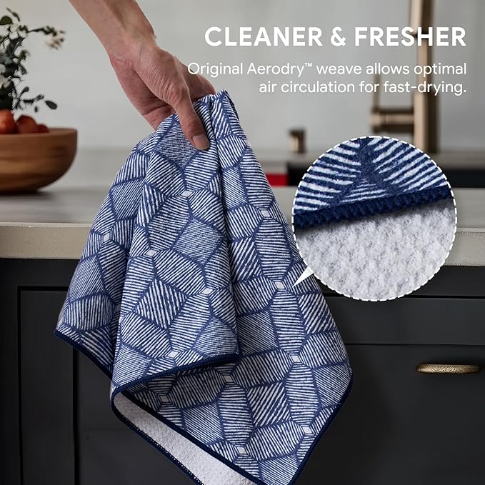 RECYCO Waffle Kitchen Towels Set of 2 Quick Dry Microfiber Sustainable Lightweight Hand Towels Indigo Harmony 16x28