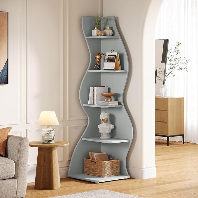 Tribesigns Wavy Corner Shelf, Modern 5-Tier Bookshelf Bookcase with Curvy Shape, Unique Plant Stand Display Rack for Living Room Small Space (Blue)