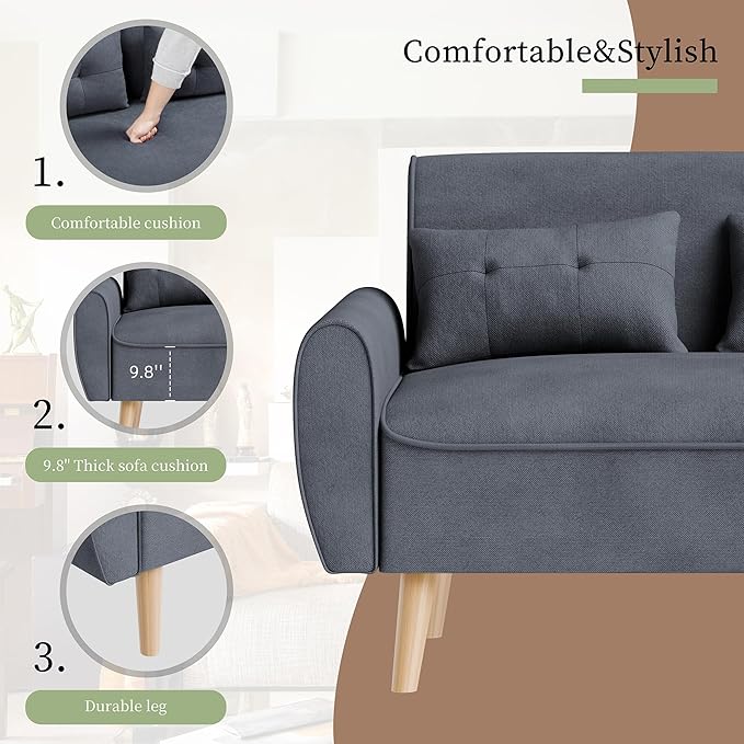 Vongrasig Small Modern Loveseat Sofa 47" Mid Century Linen 2 Seat Couch Tufted Love Seat, Dark Gray