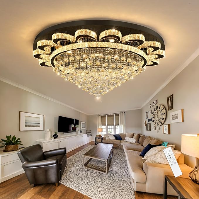Modern Chandelier Living Room Light Large Luxury Chandeliers for High Ceiling Foyer Entryway Lights Dimmable 110W LEDs Crystal Black Lighting Fixtures