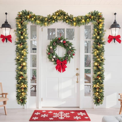 SHareconn Guirnalda de Navidad preiluminada de 9 pies con Christmas decoración de piñas y luces LED multicolor enchufables, guirnalda iluminada para chimenea, mesa, decoración de Navidad en interiores y