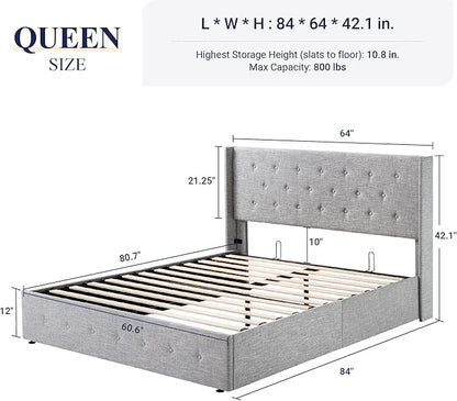 Allewie Queen Size Lift Up Storage Bed, Button Tufted Headboard with Wingback, Hydraulic Support, No Box Spring Needed, Light Grey