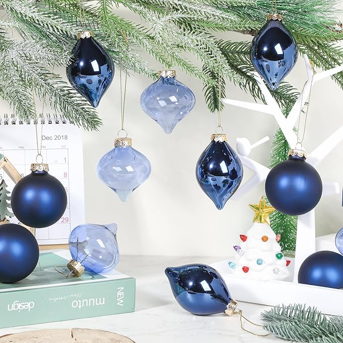 Zomiboo 12 Pcs Navy Blue Glass Christmas Ball Ornaments Set 3.15" Hanging Shatterproof Glass Bulbs for Christmas Tree Baubles Bulk for Holiday Xmas Tree Decorations Gifts