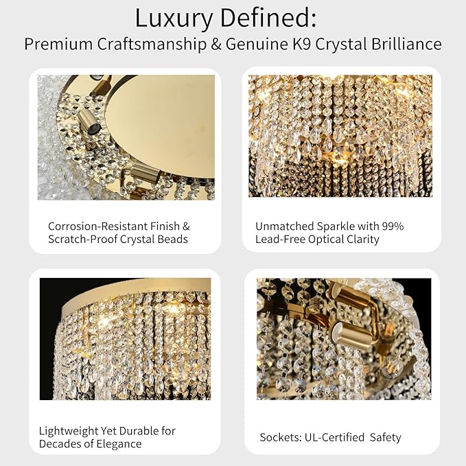 Modern Crystal Chandelier 24 inch Large Gold Chandeliers Ceiling Light Round Raindrop Chandeliers Flush Mount Lighting Fixture for Living Room Dining Room Bedroom