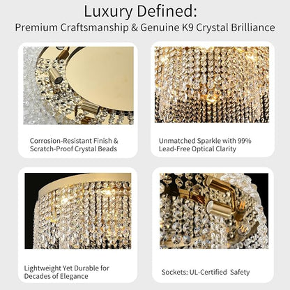 Modern Gold Crystal Ceiling Light Chandelier 31.5in Raindrop Crystal Chandelier Large Flush Mount Light Fixtures for Living Room Dining Room Bedroom
