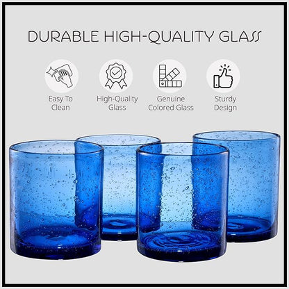 Artland 14oz Double Old Fashion Glass, Set of 4 | Iris Seeded Design, Cobalt Blue | Drinking Glass for Parties and Everyday Use - Mojito, Whiskey, Cocktail | Glassware & Barware Essentials