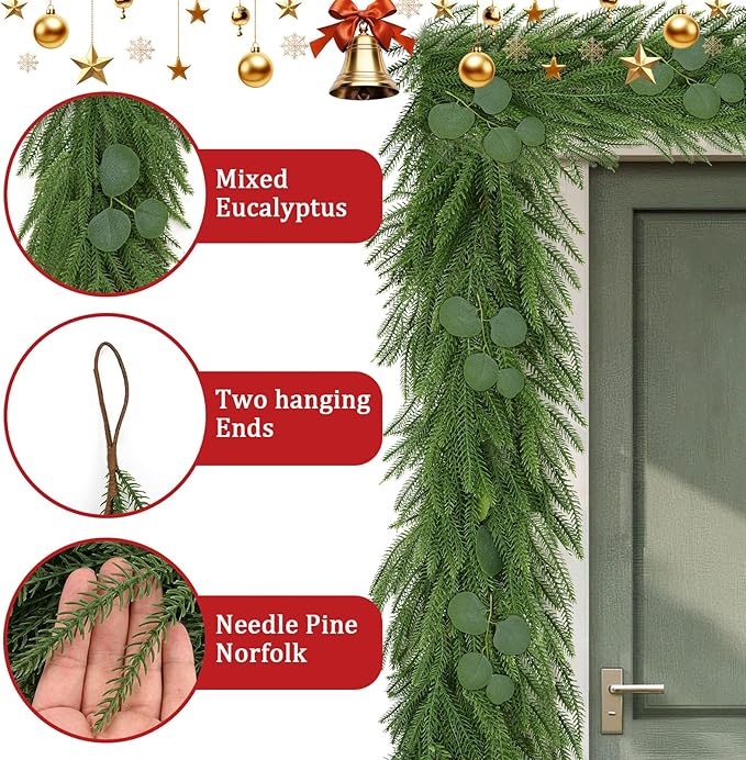 Christmas Garland Mixed with Eucalyptus,9FT Artificial Realistic Norfolk Pine Garland,Real Touch Cedar Pine Thick Greenery Faux Garland for Xmas Mantle,Stairs,Window,Fireplace(1, with 4 Ties)