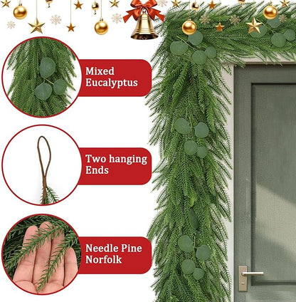 9FT Christmas Norfolk Pine Garland with Eucalyptus Real Touch Faux Greenery Garland Realistic Artificial Christmas Winter Holiday Decor Indoor Outdoor for Xmas Mantle,Stairs,Window,Fireplace