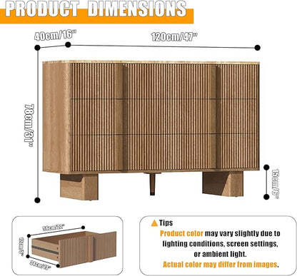 Fluted Dresser for Bedroom with 6 Drawers,47" Wide Modern Chest of Drawers with Wooden Handle, Wooden Dresser TV Stand, Wood Closet Clothes Storage Organizer for Living Room, Hallway, Natural Oak