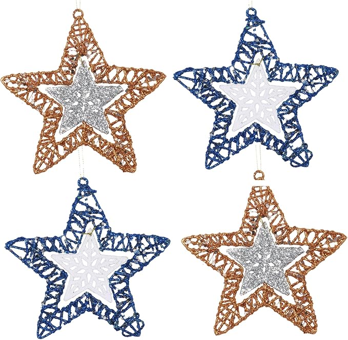 Set of 4 Hanging Star Christmas Ornaments, Glitter Star for Holiday Decorations, Winter Christmas Window Hanging Decor, 6" Diameter (Gold and Blue)