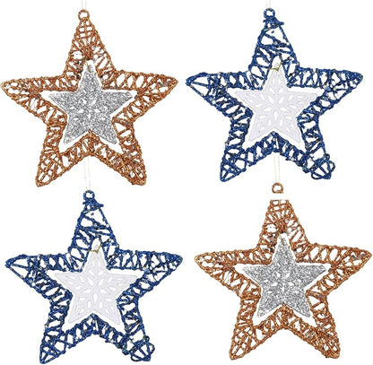 Set of 4 Hanging Star Christmas Ornaments, Glitter Star for Holiday Decorations, Winter Christmas Window Hanging Decor, 6" Diameter (Gold and Blue)