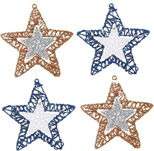 Set of 4 Hanging Star Christmas Ornaments, Glitter Star for Holiday Decorations, Winter Christmas Window Hanging Decor, 6" Diameter (Gold and Blue)