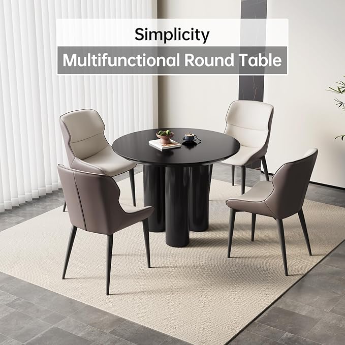 5 Pieces 39.37" Black Round Dining Table and 4 Upholstered Chairs for 4-6 Person, MDF Table-top, Light Velvet Chairs with Black Metal Leg for Kitchen, Reception Room,Round Coffee Table Set
