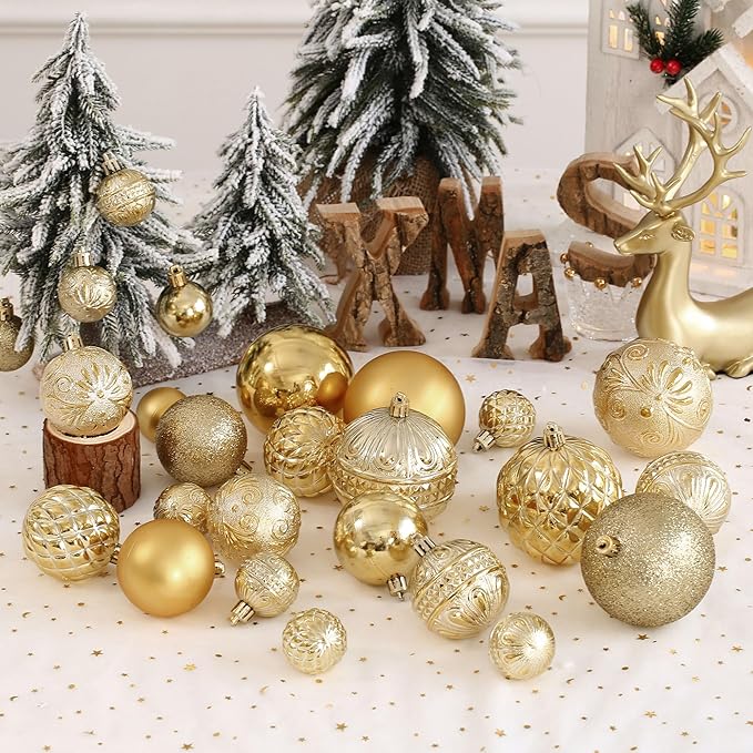 Christmas Ball Ornaments Gold Christmas Tree Decorations with Hang Rope-36pcs Shatterproof Christmas Ornaments Set with 6 Styles in 3 Sizes (Small Medium Large)