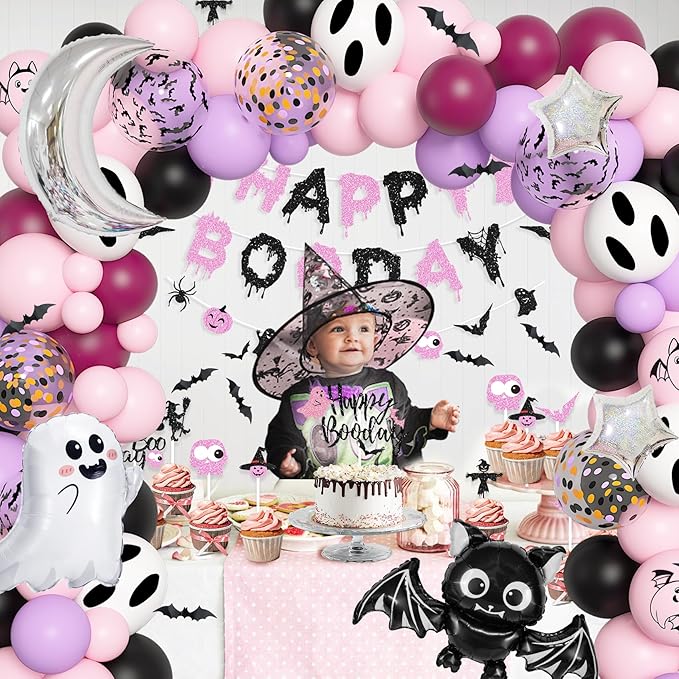 Amandir Pink Purple Halloween Birthday Party Decorations, Happy Boo Day Glitter Banner Halloween Balloon Arch Garland kit Foil Bat Ghost Balloons Cake Topper for Kids Girl Spooky Baby Shower Supplies