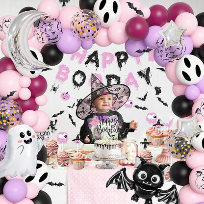 Amandir Pink Purple Halloween Birthday Party Decorations, Happy Boo Day Glitter Banner Halloween Balloon Arch Garland kit Foil Bat Ghost Balloons Cake Topper for Kids Girl Spooky Baby Shower Supplies