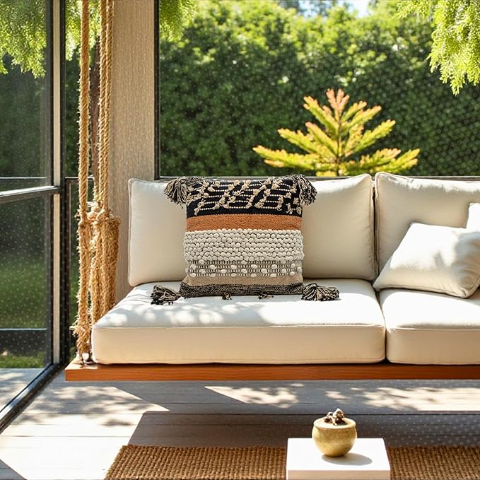 Throw Boho Pillow Cover, 18”x18” Bohemian Moroccan Rustic Decorative Pillows with Tufted Accents, Plush Handwoven Cotton, Textured Woven Neutral Farmhouse Scandinavian Home Decor