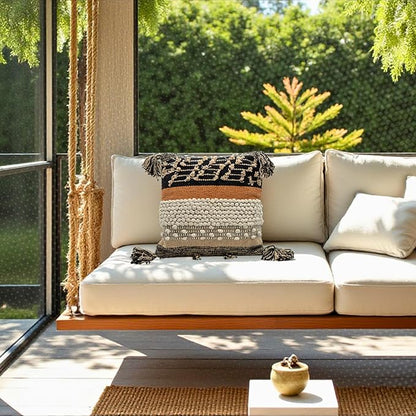 Throw Boho Pillow Cover, 18”x18” Bohemian Moroccan Rustic Decorative Pillows with Tufted Accents, Plush Handwoven Cotton, Textured Woven Neutral Farmhouse Scandinavian Home Decor