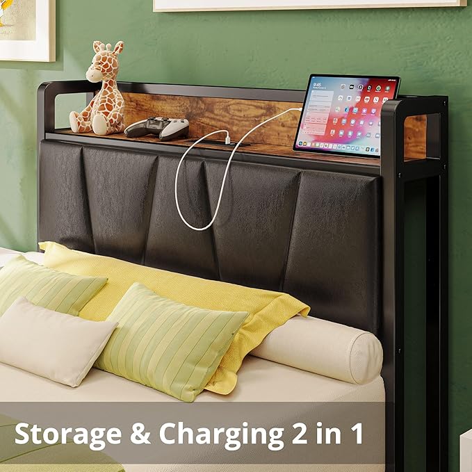 LIKIMIO Twin XL Bed Frames, Storage Headboard with Charging Station, Solid and Stable, Noise Free, No Box Spring Needed, Easy Assembly (Vintage and Black)