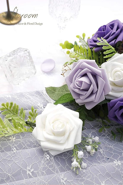 Floroom Artificial Flowers 25pcs Real Looking Violet Purple Ombre Colors Foam Fake Roses with Stems for DIY Wedding Bouquets Bridal Shower Centerpieces Party Tables Home Decorations