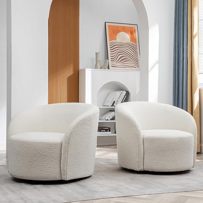KINWELL 34" W Swivel Barrel Chair Set of 2, Mid Century Modern Round Upholstered Boucle Swivel Accent Chairs, No Assembly Chair for Living Room Bedroom Reading, Cream
