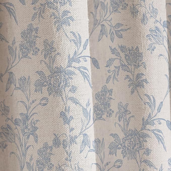 Blue Shower Curtain Floral Cotton Linen Cottagecore Shower Curtain for Bathroom 75" L x 72" W Long