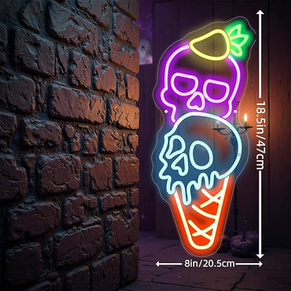 Ice Cream Skull Neon Sign, Quirky Gothic LED Wall Art,Skull Neon Light Ice Cream Neon Lighht Halloween Decor Wall Halloween Neon Sign Coffee Shop Decor, Christmas Party Bar Drink Shop-Purple