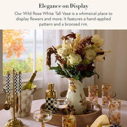 MACKENZIE-CHILDS Tall Enamel Vase, Unique Flower-Vase Decor for Living Room, Wild Rose White