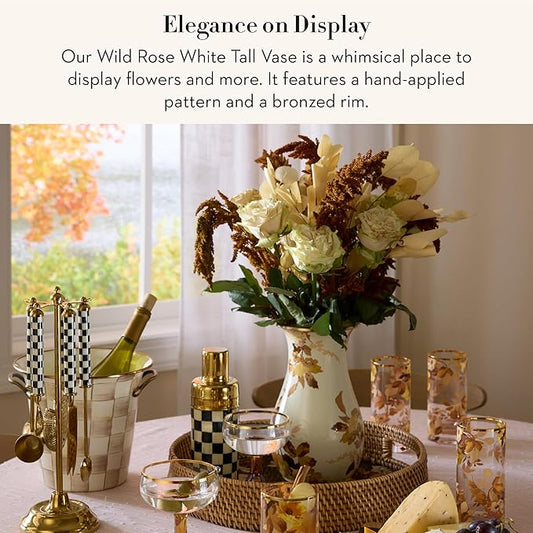 MACKENZIE-CHILDS Tall Enamel Vase, Unique Flower-Vase Decor for Living Room, Wild Rose White