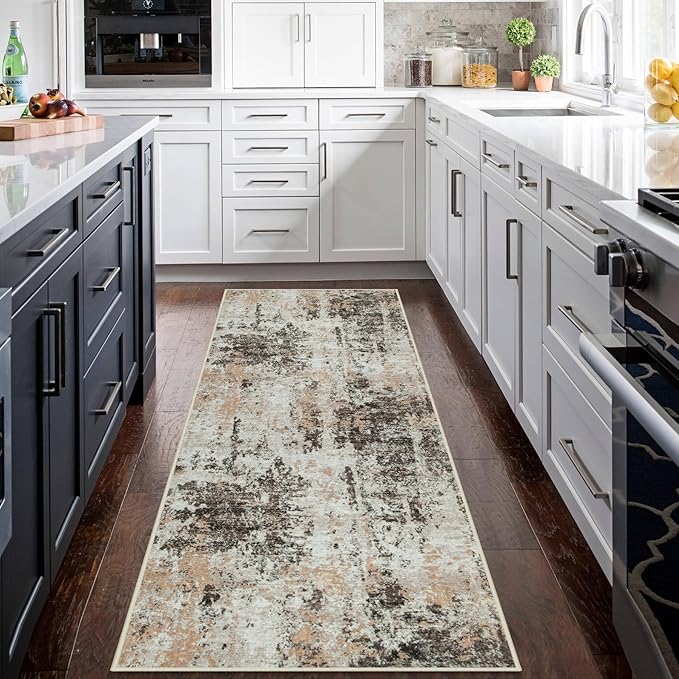 Runner Rug for Hallways Kitchen 2'6"x8' Washable Non Slip: Carpet Non Skid 8ft Entryway Rubber Backed 8 Feet Neutral Abstract Modern Rug Low Pile Pet Friendly Indoor Brown Beige