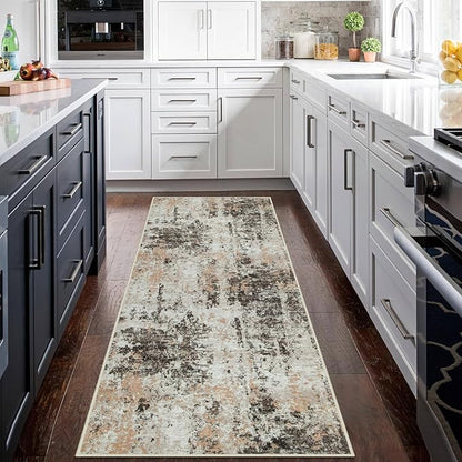 Runner Rug for Hallways Kitchen 2'6"x8' Washable Non Slip: Carpet Non Skid 8ft Entryway Rubber Backed 8 Feet Neutral Abstract Modern Rug Low Pile Pet Friendly Indoor Brown Beige