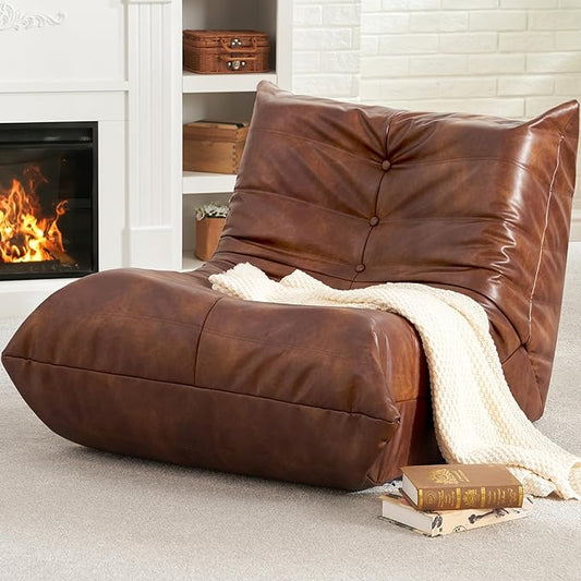 Hobestluk Giant Bean Bag Chair Lazy Floor Sofa, Fireside Sofa for Adults, Big Beanbag Faux Leather Armless Chair for Living Room Bedroom Dorm Office (Brown, Single)