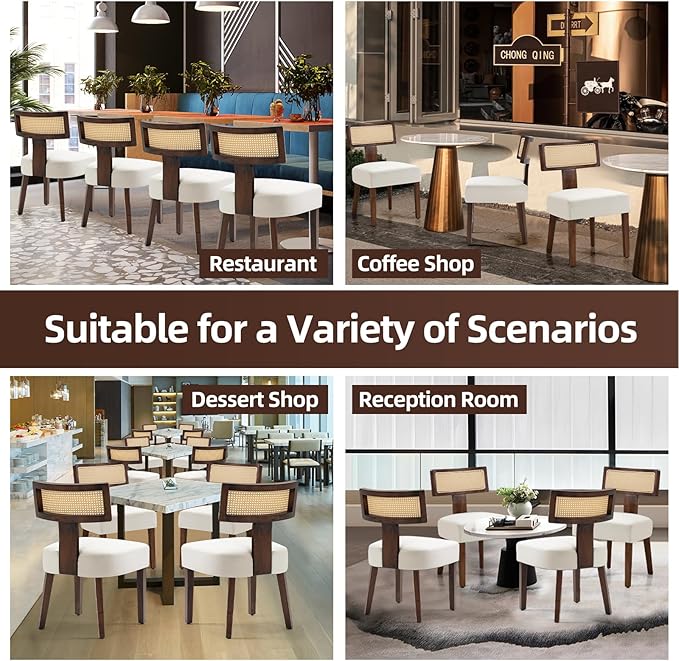 Upholstered Rattan Dining Chairs Set of 2, Mid-Century Modern Fabric Dining Room Chairs with Brown Hardwood Frame, Curved Backrest Kitchen Chair for Living Room (Cream)