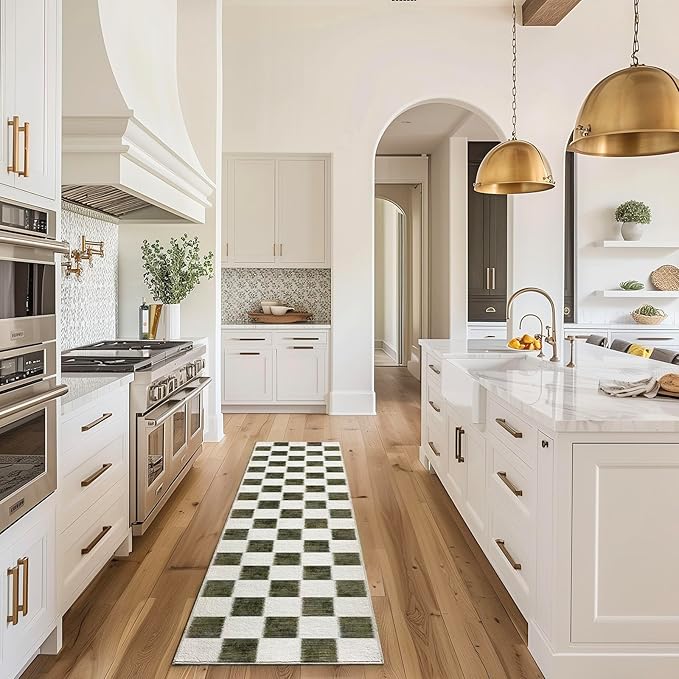 EVERGRACE Checkered Plaid Area Rug 2x8, Soft Fuzzy Faux Wool Rugs Washable Anti Slip Long Runner Rug Carpet for Entryway Bedroom Living Room Hallway Kitchen Dining Room and Laundry, Olive Green