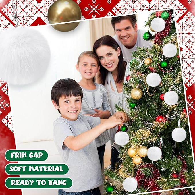 Nuenen 72 Pcs 3.15 Inch White Furry Christmas Ball Ornaments Christmas Pom Poms Ornaments Faux Rabbit Fur Balls Bulk with Elastic Band for Xmas Tree Decorations DIY Craft Hat Keychain (White)