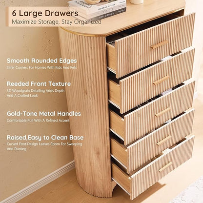 Fluted 5 Drawer Tall Dresser with Curved Profile,47.8" Tall Drawers with Reeded Texture,Gold Handles Storage Organizer Cabinet for Bedroom,Living Room,Entryway,Light Oak
