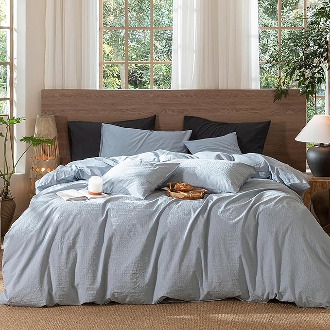 MooMee Wavy Striped Duvet Cover Set 100% Washed Cotton Linen Like Textured Breathable Durable Soft Comfy (Cornflower Blue, Super Queen 90"x98")