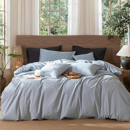 MooMee Wavy Striped Duvet Cover Set 100% Washed Cotton Linen Like Textured Breathable Durable Soft Comfy (Cornflower Blue, Twin 68"x90")