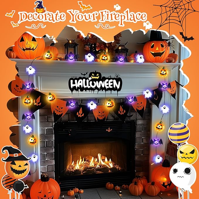 Coquimbo Halloween Decorations Indoor Lights: 10FT 30 LED Pumpkin Bat Ghost Decor Battery Operated String Lights for Indoor Outdoor Halloween Party Bedroom Decorations