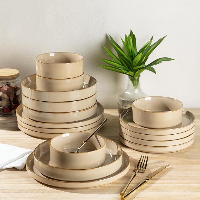 GBHOME Ceramic Dinnerware Sets With Double Bowl for 4, 16 Pieces Stoneware Plates and Bowls Set, Reactive Glaze Dishes -Scratch Resistant, Dishwasher&Microwave Safe-Warm Sand