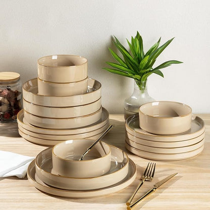GBHOME Ceramic Dinnerware Sets With Double Bowl for 4, 16 Pieces Stoneware Plates and Bowls Set, Reactive Glaze Dishes -Scratch Resistant, Dishwasher&Microwave Safe-Warm Sand