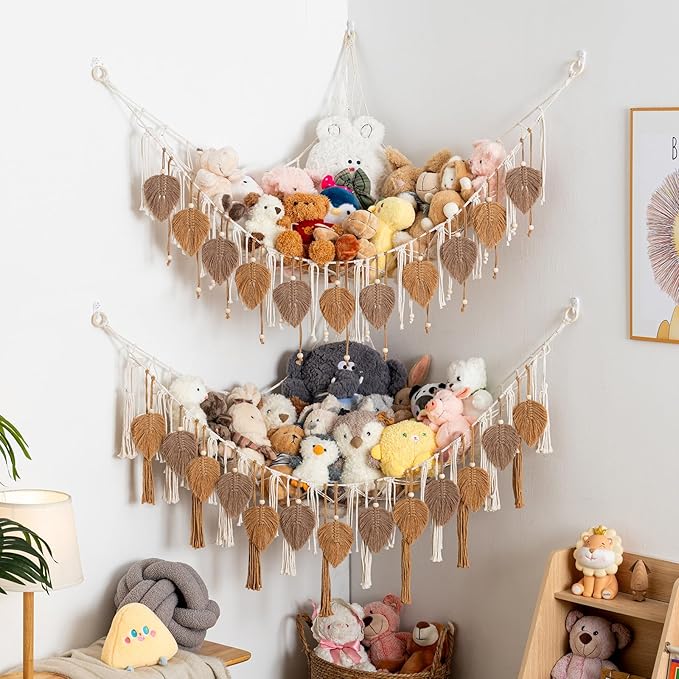 Pretty Jolly Stuffed Animal Storage with Hand Woven Leaf Tassels Hammock Corner Hanging Net Boho Macrame Plush Storage for Kid Room Nursery Decor Wall Display for Girls Gift(Coffee)