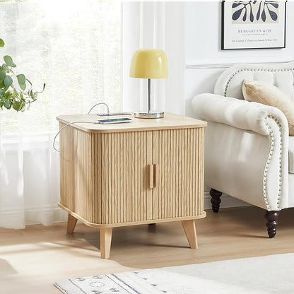 Nightstands Set of 2, 24 Inch Mid-Century Fluted EndTable with Charging Station, Farmhouse Wood Side Table with Storage & Sliding Door (2XSquare, Natural)